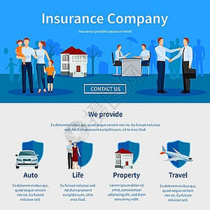 保险公司页网站保险公司页网站与谈判图标的汽车旅行生活财产矢量插图插画