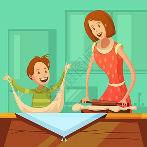 家庭烹饪插图家庭烹饪背景与母子制作糕点卡通矢量插图图片