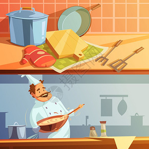 烹饪横幅烹饪卡通水平横幅厨师厨房用具孤立矢量插图图片