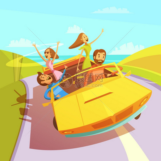 旅行朋友插图朋友们乘坐敞篷车前往大海背景,男女卡通矢量插图图片