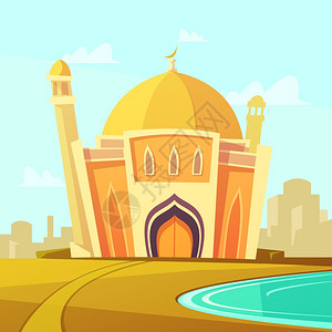 清真寺建筑插图清真寺建筑与河边草坪附近的城市卡通矢量插图背景图片