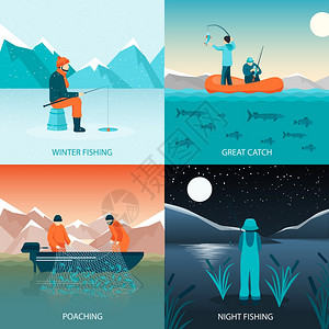 钓鱼2x2钓鱼2x2平广场图标与冬季钓鱼伟大的渔获偷猎夜间钓鱼孤立矢量插图图片