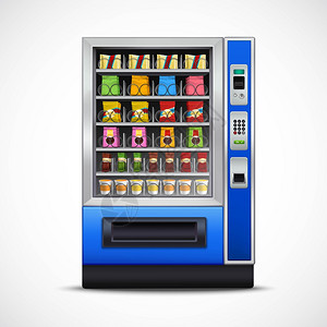 现实的零食自动售货机现实的零食自动售货机与坚果薯片,三明治,巧克力饮料白色背景矢量插图图片