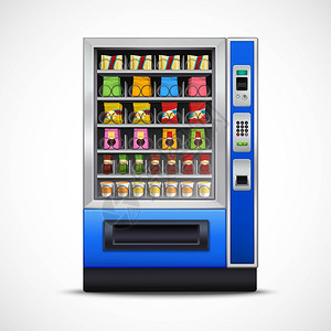现实的零食自动售货机现实的零食自动售货机与坚果薯片,三明治,巧克力饮料白色背景矢量插图背景图片