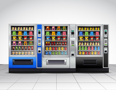 现实的自动售货机正视图现实的自动售货机正视图与食品饮料瓷砖地板附近的灰色墙矢量插图图片