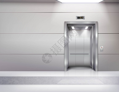 现实的空电梯厅内部逼真的空电梯厅内部与等待电梯大理石地板天花板窗口灰色墙壁矢量插图图片