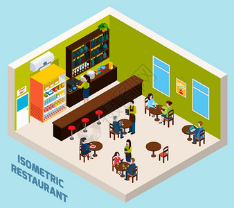 餐厅酒吧内部等距构图海报餐厅酒吧咖啡馆内部等距,为优质食品饮料海报抽象矢量插图图片