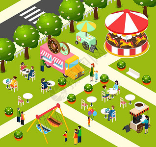 街头食品卡车等距构图海报街头食品卡车仙女娱乐活动公园出售甜甜圈咖啡等距构图海报抽象矢量插图图片