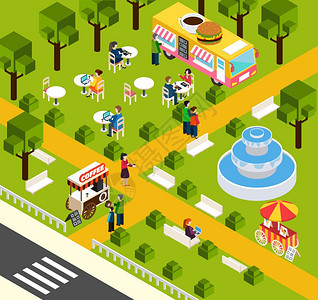 街头快餐卡车等距横幅水上公园的街头食品卡车出售游客甜甜圈咖啡等距构图海报抽象矢量插图图片
