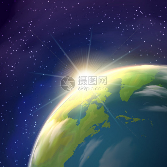 日出地球观现实海报行星地球地球同步视图与明亮的上升太阳恒星星座蓝色背景现实海报矢量插图图片