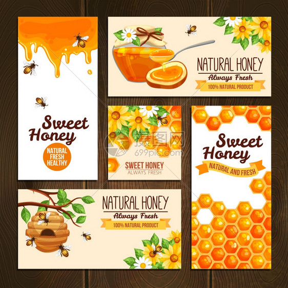 蜂蜜广告横幅水平垂直方形横幅呈现天然蜂蜜与蜜蜂蜂箱蜡细胞矢量插图图片