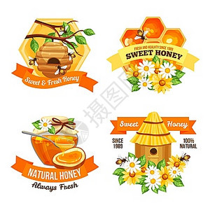 蜂蜜广告标签广告标签展示甜蜜新鲜的天然蜂蜜与蜂房蜂窝蜂蜜矢量插图图片