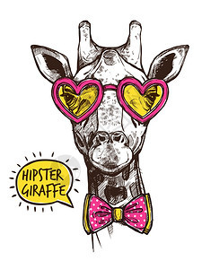 嬉皮士动物海报时髦的长颈鹿肖像时尚的粉红色心脏眼镜蝴蝶结矢量插图图片