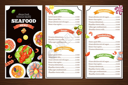 海鲜餐厅菜单紧凑的颜色菜单,海鲜咖啡馆餐厅与木材背景与标题的餐矢量插图图片