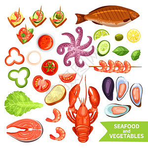 海鲜蔬菜图标图标集海鲜,如鱼龙虾蔬菜,如番茄胡椒平孤立矢量插图图片