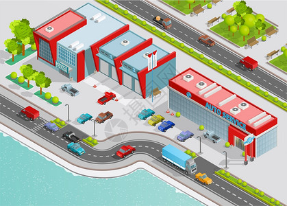 自动服务等距成城市码头等距矢量图上的汽车服务构图海报与办公车库技术服务建筑图片