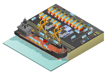 货物签收等距海上货物运输重型干货船装载集装箱由两个固定重机港口等距矢量图插画