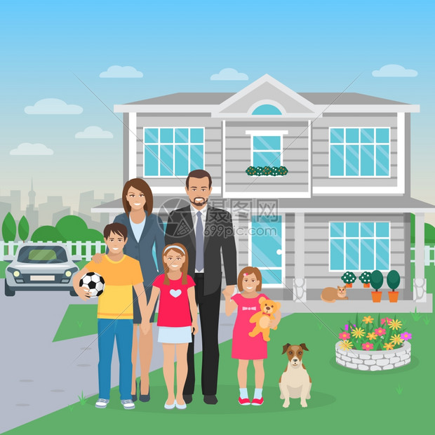 家庭成员平插图彩色平插图大幸福家庭与狗院子矢量插图图片