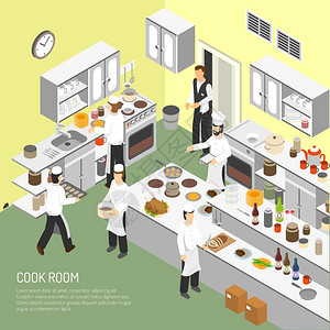 餐厅烹饪室等距海报餐厅烹饪室与厨师商业设备的油炸烘焙菜肴等距海报抽象矢量插图图片
