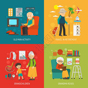 打印老人退休生活4平图标方形海报与孙子旅行抽象孤立矢量插图图片