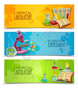 科学化学实验室平横幅套化学研究实验室设备用于科学实验3平抽象水平横幅矢量孤立插图图片