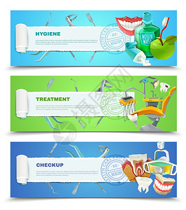牙医3平水平横幅套牙科口腔卫生定期检查蛀牙预防治疗3平横幅抽象矢量插图图片