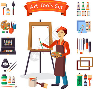 艺术家艺术工具集艺术家艺术工具为绘画生物矢量插图图片