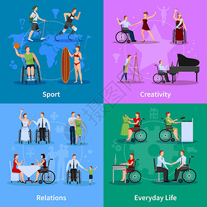 残疾人4个平图标广场残疾人活动生活4平图标方形横幅与关系创造力抽象孤立矢量插图图片