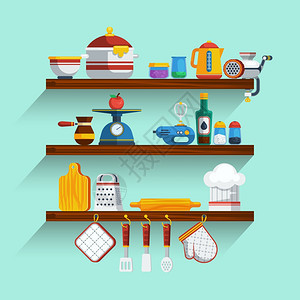 厨房架子厨房架子厨房货架矢量插图烹饪平符号厨房货架套烹饪元素收集图片
