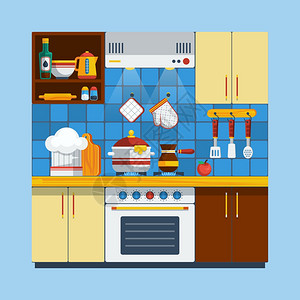 厨房内部插图厨房内部厨房内部矢量插图烹饪平符号室内套装厨房装饰元素图片