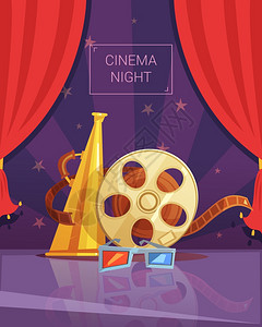 电影院夜间插图电影院夜间卡通背景与录像带红色窗帘矢量插图图片