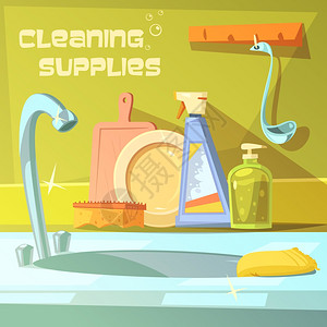 清洁用品插图清洁用品卡通背景与肥皂水槽海绵矢量插图图片