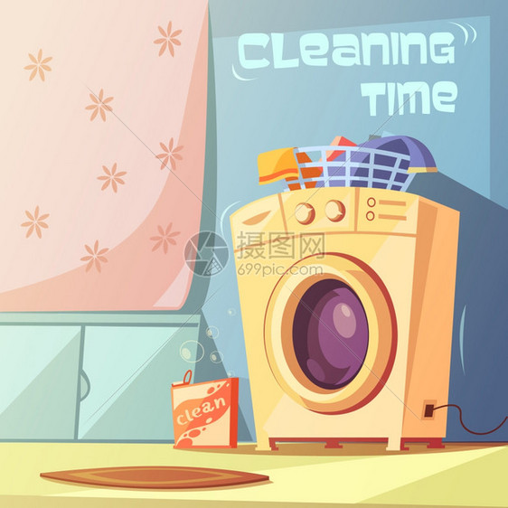 清洁时间插图清洗时间卡通背景与洗衣机浴缸矢量插图图片