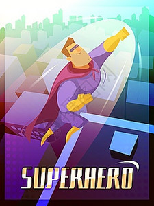 超级英雄海报插图超级英雄卡通海报与大城市飞行矢量插图图片