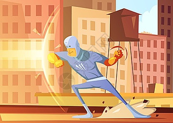 保护城市插图的超级英雄超级英雄保护城市免受的卡通背景与块公寓矢量插图图片