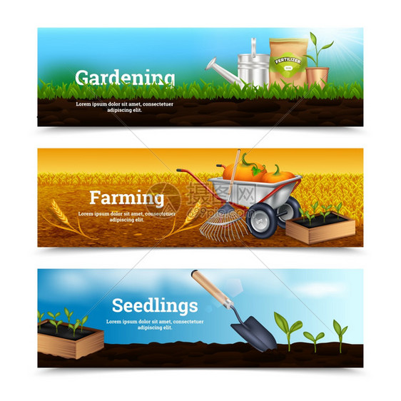 三个园艺水平横幅三个种植水平横幅与园艺工具材料,以种植村庄景观背景矢量插图图片