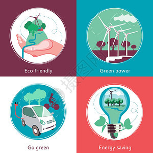 生态4平图标横幅生态绿色能源生产与回收4平图标方形构图横幅抽象孤立矢量插图图片