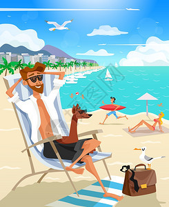 海滩上的暑假男人彩色平插图描绘暑假男子海滩上的狗矢量插图图片