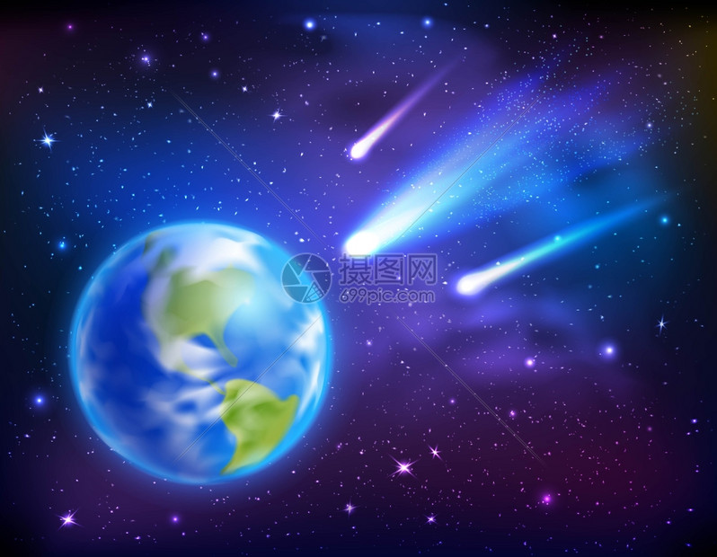 彗星来地球背景明亮的彗星来地球上的黑暗星空背景卡通矢量插图图片