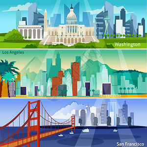 美国城市景观横幅美国城市景观平美国景点水平横幅美国城市矢量插图美国城市集合美国城市景观图片