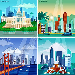 美国城市景观图标集美国城市景观美国景点矢量插图美国城市平图标美国城市集美国城市景观图片
