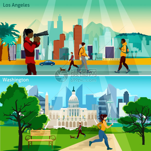 美国城市景观合集美国城市景观平美国风景与人的构图集美国城市矢量插图美国城市集合图片