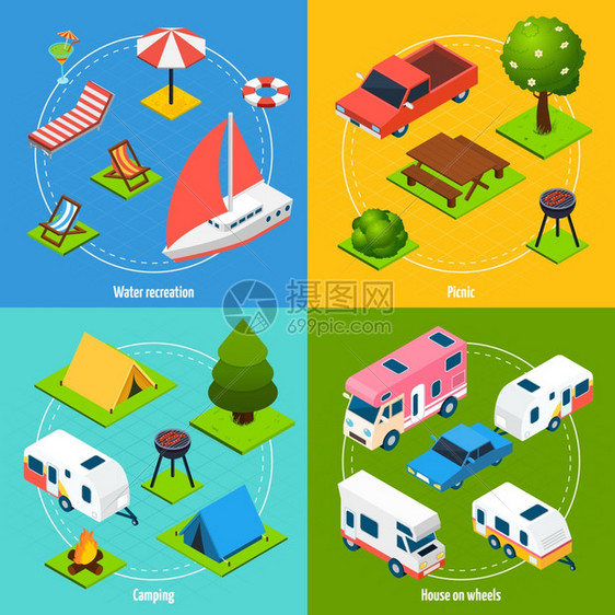 露营旅行等距2x2图标五颜六色的露营旅行等距2x2图标与房子的车轮元素,用于水上娱乐活动野餐矢量插图图片