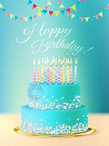 生日快乐,带着现实的蛋糕生日快乐明信片与分层圆形蛋糕与蓝色糖霜蜡烛节日背景现实矢量插图图片