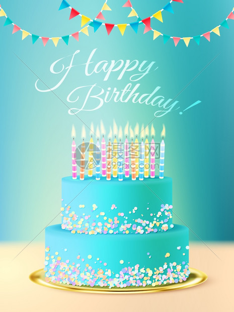 生日快乐,带着现实的蛋糕生日快乐明信片与分层圆形蛋糕与蓝色糖霜蜡烛节日背景现实矢量插图图片