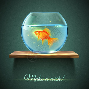架子海报上的水族馆现实的水族馆与金鱼木制架子海报标题,个愿望矢量插图图片