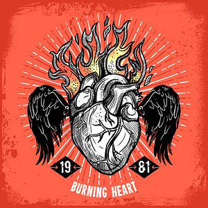燃烧的心脏纹身海报手绘燃烧心脏海报与翅膀纹身红色背景矢量插图图片
