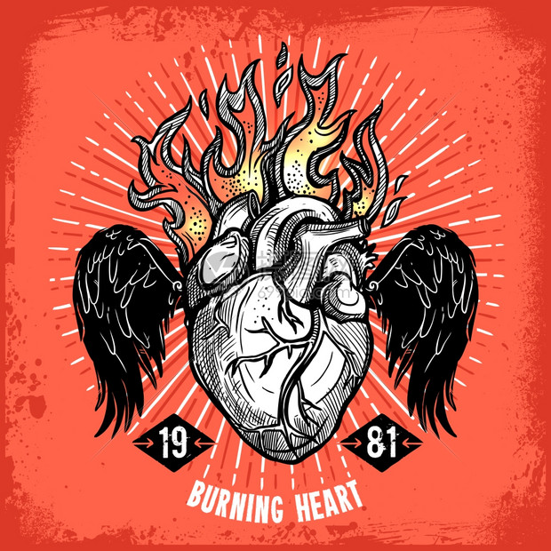 燃烧的心脏纹身海报手绘燃烧心脏海报与翅膀纹身红色背景矢量插图图片