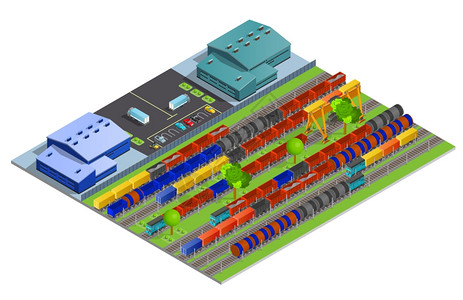 铁路货物运输等距铁路货物运输等距与仓库建设铁路轨道与蓄水池容器冰箱平矢量插图图片