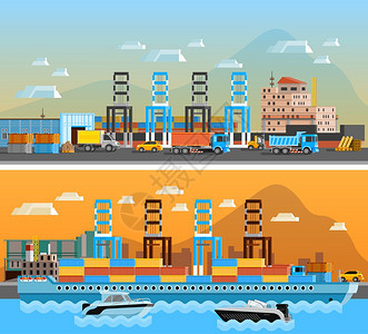 两个货运港水平横幅两个货运港口水平横幅与干货船船厂装卸港与卡车平矢量插图图片